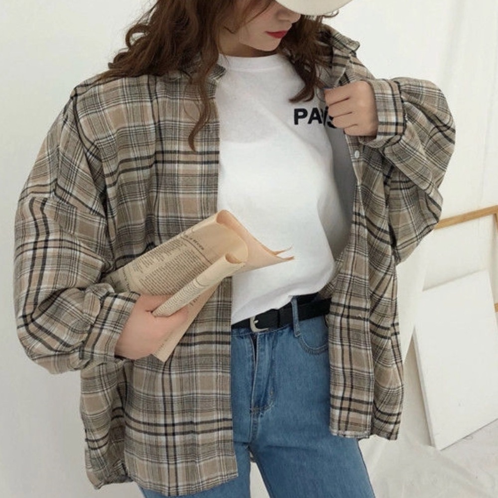Brown Plaid Summery Long-Sleeve Coverup Shirt